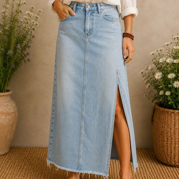 SHEIN Dresses & Skirts - Shein Light Wash Denim Maxi Skirt High Waisted Side Slit Raw Hem Blue Size L